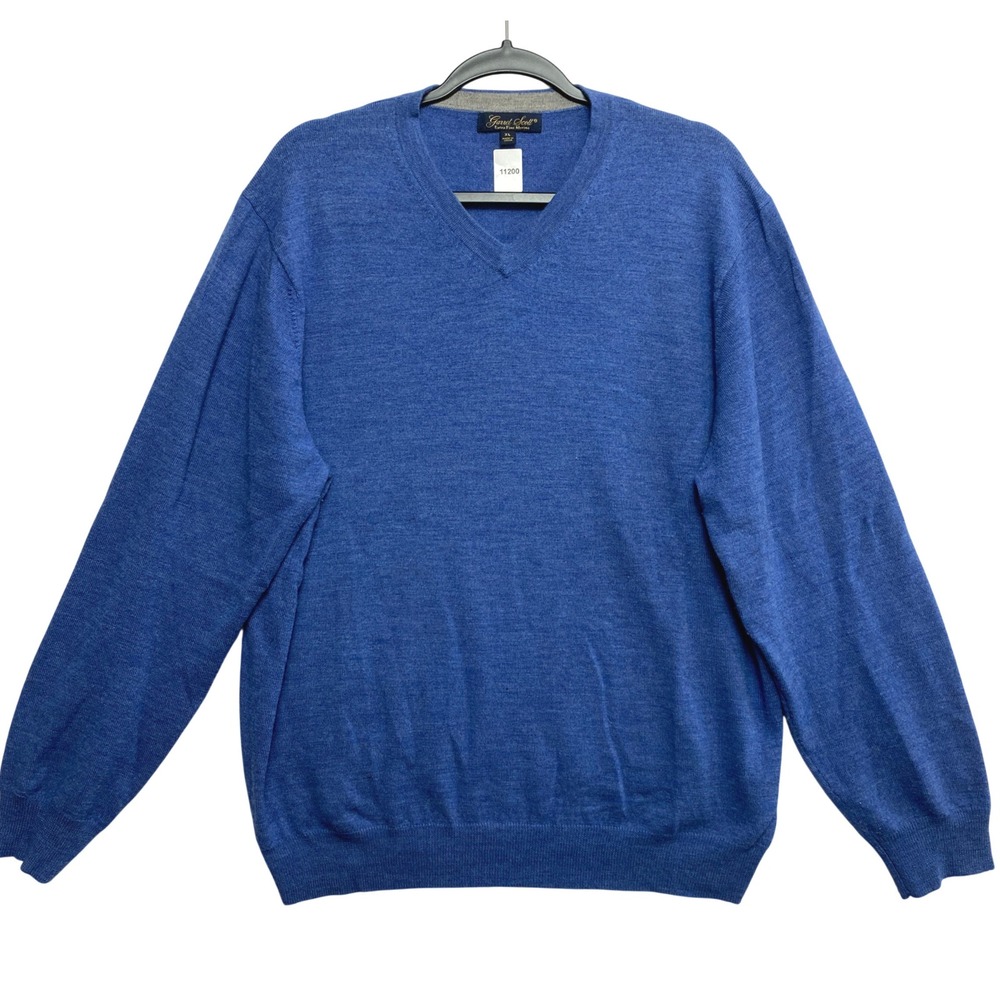 Garret Scott Sweater Mens XL Blue Extra Fine Merino Wool Classic V-Neck